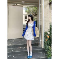批发多巴胺甜美蓝色开衫花苞连衣裙女2026温柔风穿搭开衫<b class='q'>吊带</b>裙两件套