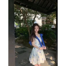 批发海边度假温柔风碎花<b class='q'>吊带</b>连衣裙漂亮独特气质收腰减龄蓝色开衫套装