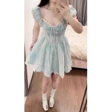 批发多巴胺穿搭新款蓝色方领泡泡袖收腰连衣裙女夏季甜美裙子小<b class='q'>短裙</b>