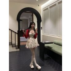 批发玫瑰纯欲风短裙夏季收腰显瘦小众设计感吊带<b class='q'>连衣裙</b>子红色开衫套装