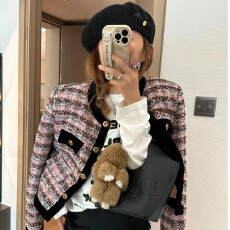 批发小香风春秋法式短款气质圆领开衫外套时髦设计感<b class='q'>通勤</b>气质格子外套