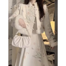 批发秋冬新中式碎花改良<b class='q'>旗袍</b>裙一整套穿搭拼接设计短外套连衣裙两件套