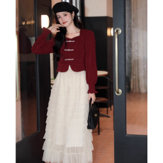 批发小个子穿搭一整套国风盘扣长袖<b class='q'>上衣</b><b class='q'>网纱</b>蛋糕半身裙子新中式套装女