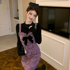 批发法式富家千金风短裙套装女装打底衫背带裙甜辣风穿搭小洋装两件套