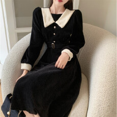 批发赫本风复古撞色<b class='q'>翻领</b><b class='q'>连衣裙</b>女秋冬2025新款灯芯绒显瘦收腰法式长裙