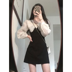 批发气质淑女必备小黑<b class='q'>裙</b>2026夏季新款长袖<b class='q'>娃娃</b>领撞色收腰显瘦连衣<b class='q'>裙</b>