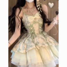 批发森系晕染吊带<b class='q'>连衣裙</b>女夏季甜美仙女公主裙蝴蝶结收腰花苞蓬蓬裙子