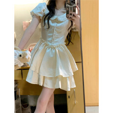 批发甜美休闲泡泡袖<b class='q'>高腰</b>公主连衣<b class='q'>裙</b>女学生夏日减龄高级感蓬蓬<b class='q'>裙</b>子女