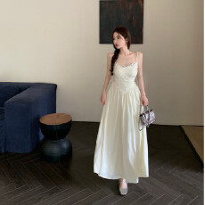 批发纯欲风吊带连衣裙女夏季甜辣妹裙子气质抽绳v领蕾丝花边无袖长裙