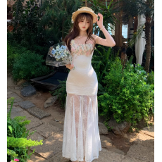 批发纯欲风花朵蕾丝拼接吊带连衣裙女夏日绝美海边度假修身包臀鱼尾裙