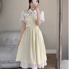 批发森系初恋裙甜美学院风蝴蝶结假两件<b class='q'>拼接</b>裙子女高腰显瘦夏季<b class='q'>连衣裙</b>