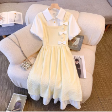 批发甜美学院风蝴蝶结假两件<b class='q'>拼接</b><b class='q'>连衣裙</b>女学生韩版高腰显瘦蓬蓬初恋裙