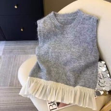 批发法式下摆荷叶边针织马甲女2025<b class='q'>春</b>款软糯羊绒毛衣背心别致坎肩毛衣