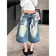 美式复古水洗牛仔七分裤春夏宽松显瘦阔腿直筒裤