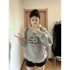 批发官图纯棉华棉复合银狐绒美式复古印花宽松双帽卫衣<b class='q'>男</b>女秋冬