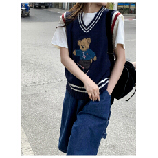 批发撞色V领小熊提花针织背心女2025早秋新款宽松百搭叠穿外搭<b class='q'>马甲女</b>