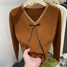 批发短款高腰蕾丝拼接V领针织衫女2025秋冬新款修身内搭打底小衫上衣