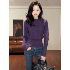 批发韩系麻花纹<b class='q'>立领</b>针织衫女紫色收腰显瘦打底衫毛衣高级感法式复古潮