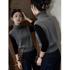 批发韩系穿搭灰色堆堆高领马甲针织衫女秋冬修身显瘦叠穿背心毛衣上衣