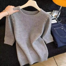 批发灰色复古风短袖T恤<b class='q'>男</b>女装夏季设计感洋气圆领针织上衣