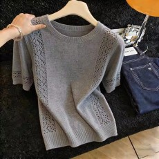 批发2026夏季新款圆领短袖套头显瘦上衣女冰<b class='q'>丝</b>勾花镂空针织衫