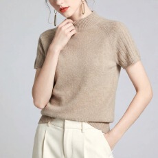 批发2026夏季新款通勤<b class='q'>韩版</b>半高领短袖针织衫女修身显瘦卡其色内搭上衣
