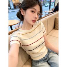 批发韩系甜美学院风杏色圆领<b class='q'>条纹</b>短袖针织衫女春夏季穿搭内搭打底上衣