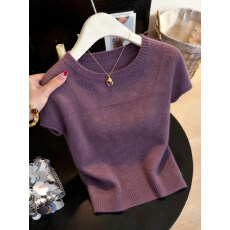 批发紫色短袖针织衫女2026夏季新款时尚洋气显瘦减龄气质通勤T恤上衣