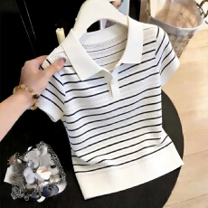 批发法式条纹POLO领短袖<b class='q'>针织衫</b>女2026春夏新款设计感<b class='q'>镂空</b>修身显瘦上衣