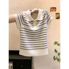 批发时尚条纹POLO领短袖<b class='q'>针织衫</b>女夏季新款小众设计感<b class='q'>镂空</b>修身显瘦上衣