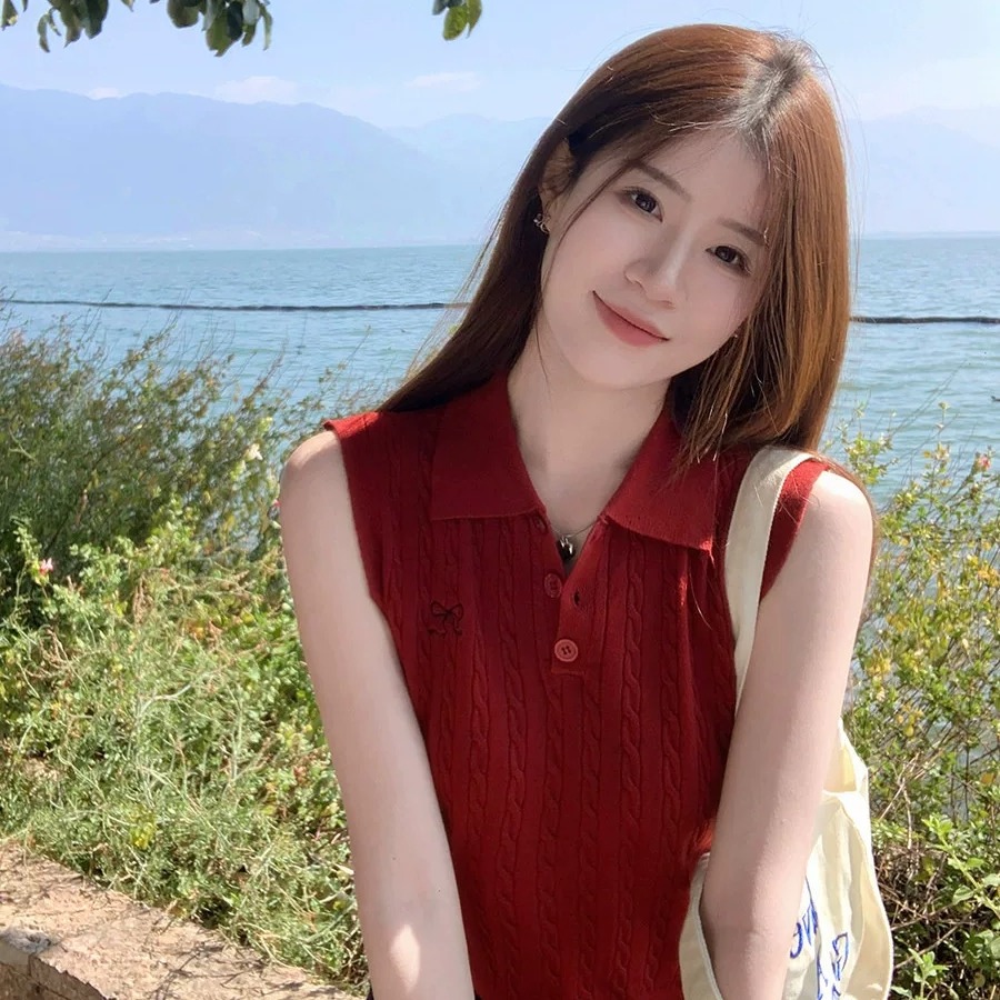 자수 니트 조끼 여성 여름 외출용 2026 새로운 표지 대리인 우유 슬립 인사이드 가져 가라. 민소매 POLO 칼라 단색 맨위