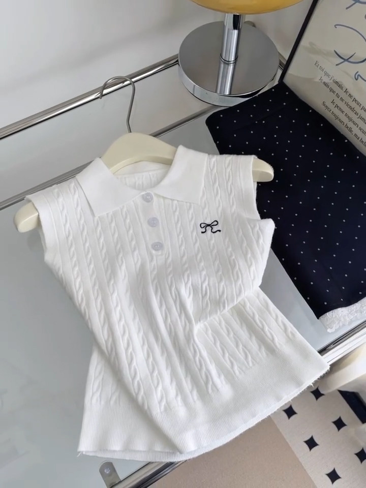 한 부서 달콤함 나비 매듭 자수 POLO 칼라 조끼 여성 여름 새로운 외출용 몸매 가꾸기 슬림해 보이는 민소매 작은 맨위