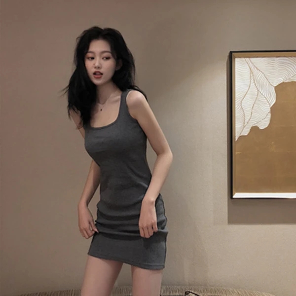 회색 만나는 인사이드 가져 가라. 치마 허리 수축 슬림해 보이는 드레스 민소매 광장 칼라 니트 리브 몸매 가꾸기 조끼 짧은 치마