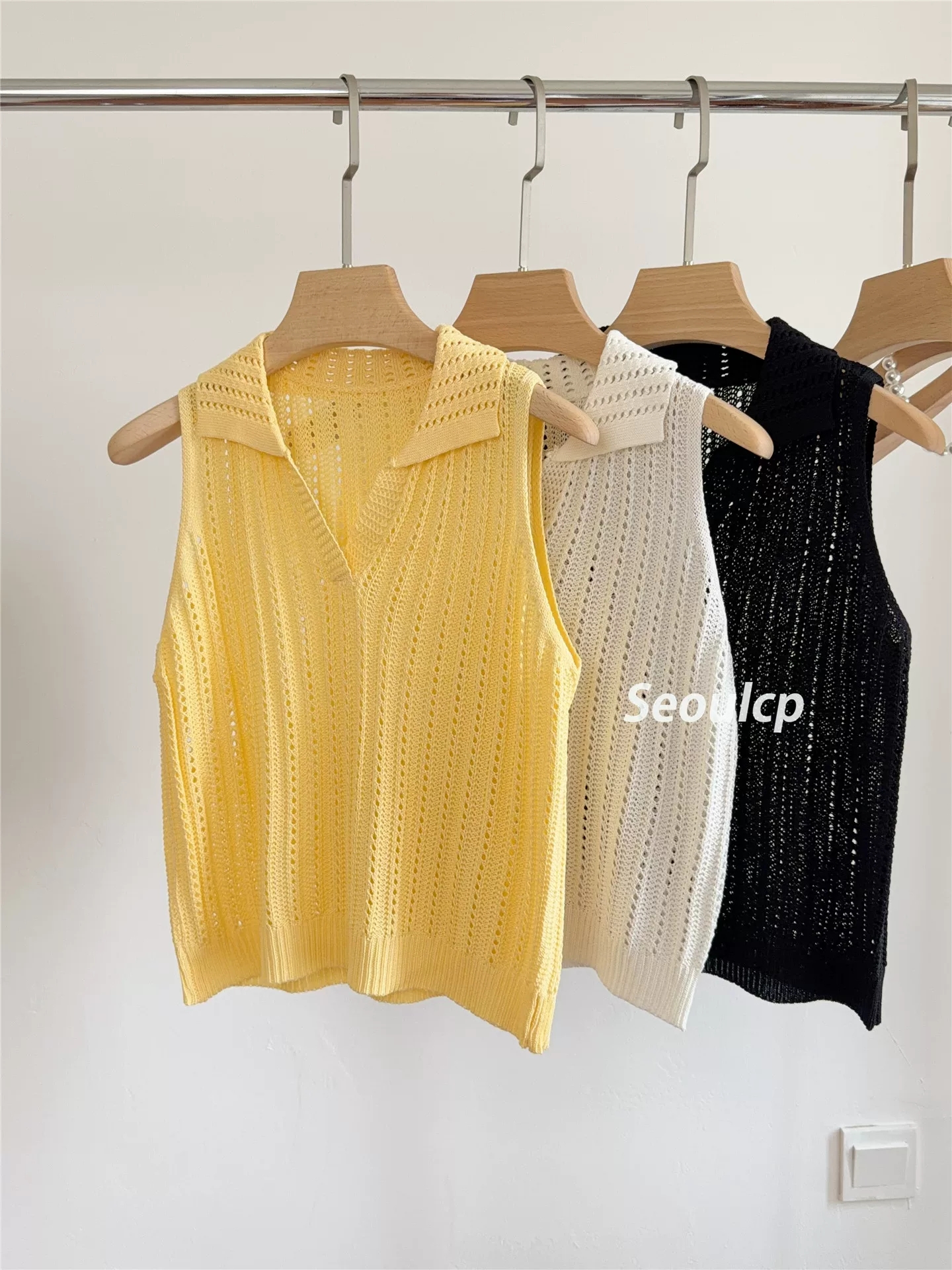 프랑스식 홀로우 아웃 polo 폴로 칼라 얼음 실크 조끼 니트 스웨터 여성 여름 한 부서 휴가 바람 외국 가스 베스트 어깨 맨위