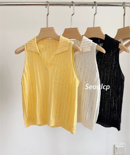 프랑스식 홀로우 아웃 polo 폴로 칼라 얼음 실크 조끼 니트 스웨터 여성 여름 한 부서 휴가 바람 외국 가스 베스트 어깨 맨위