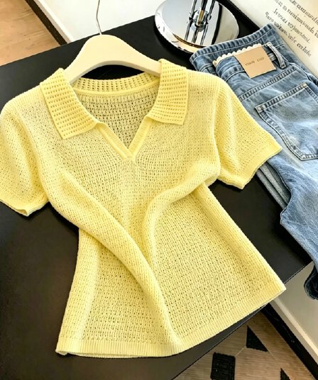 보존 추천 섹션 폴로 칼라 홀로우 아웃 반팔 니트 스웨터 여성 여름 새로운 다용도 슬림해 보이는 디자인 센스 연령 감소 맨위