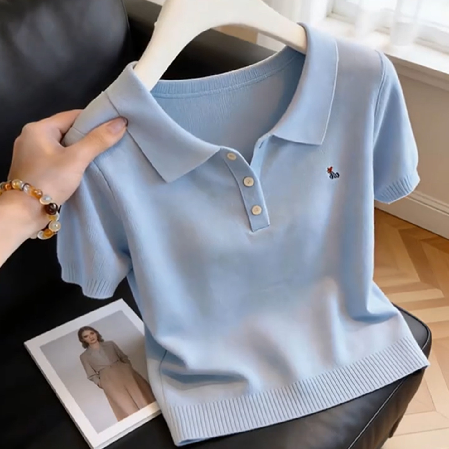 학원 스타일 품격 POLO 칼라 파란색 반팔 티셔츠 여성 의류 2026 여름 새로운 핫걸 다용도 몸매 가꾸기 맨위