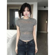 批发灰色镂空冰<b class='q'>丝</b>针织短袖t恤女夏季设计感辣妹修身显瘦正肩短款上衣