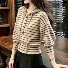 批发条纹连帽<b class='q'>针织</b>衫女秋季高级感百搭显瘦套头打底衫<b class='q'>上衣</b>休闲风宽松