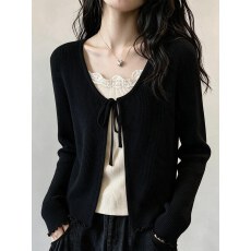 批发假两件系带长袖毛衣女2026秋新款木耳边修身显瘦短款<b class='q'>针织</b><b class='q'>开衫</b>上衣