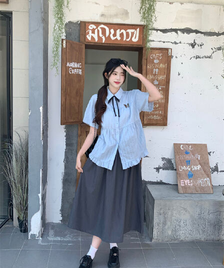 실사 하늘색 POLO 칼라 일본식 학원 스타일 여성 셔츠 여름 달콤함 귀여운 맨위 반팔 오픈 가디건 여성