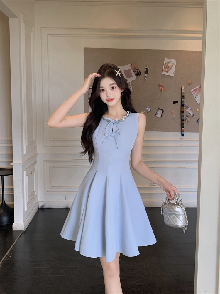 RY3649# 小香风重工蓝色无袖背心连衣裙女夏季掐腰miu系千金风荷叶边伞裙