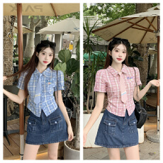 批发实拍 桃汽少女 学院风蓝色格子衬衫女夏季可爱<b class='q'>修身</b>显瘦短袖上衣
