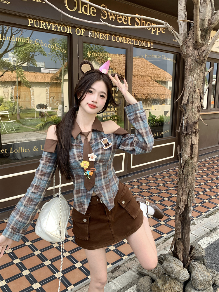 BY32715# 小熊咖啡甜酷风格子衬衫上衣女秋新款 服裝批發女裝批發服飾貨源