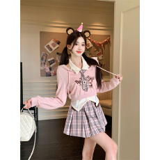 批发实拍 粉糖校章  学院风粉色印花卫衣外套<b class='q'>白色</b><b class='q'>衬衫女</b>格子短裙