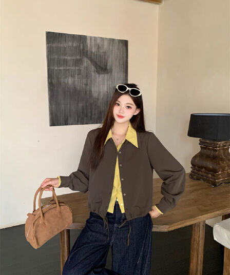 실사 마이크로 지방 빅 사이즈 여성 가을 패션 다용도 페이크 레이어드 더블 칼라 셔츠