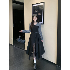 批发实拍 秋冬新款拼接<b class='q'>衬衫</b>裙蕾丝不对称长袖连衣裙