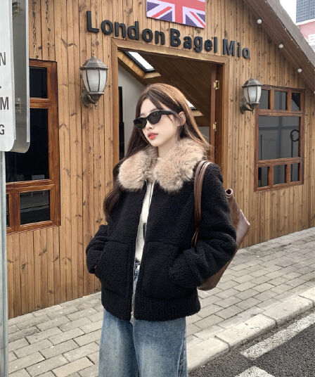 실사 세트 염색 모피 칼라 작은 과립 피모 하나 털 여성 코트 보온 긴팔 맨위 겨울