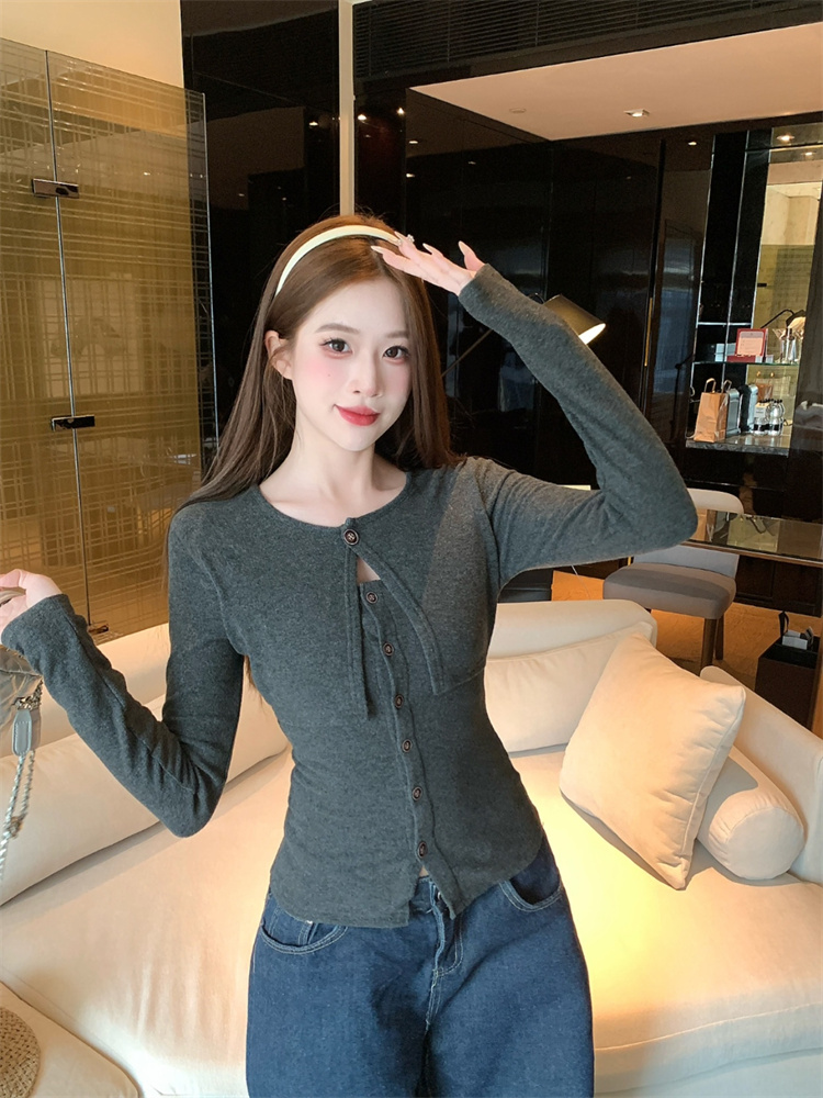 순수한 욕망 바람 숄 페이크 레이어드 디자인 센스 핫걸 긴팔 봄 새로운 섹시함 몸매 가꾸기 슬림해 보이는 맨위