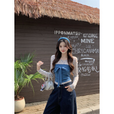 批发实拍2026新款韩系氛围感蝴蝶结蓝色抹胸套装